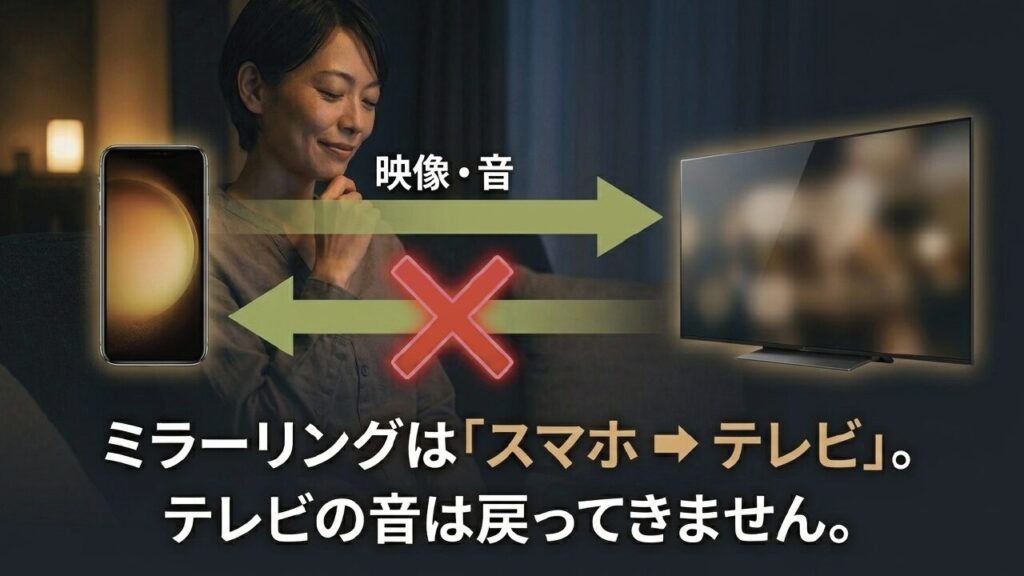 ミラーリングはスマホからテレビへの出力であり音声は戻ってこないという図解