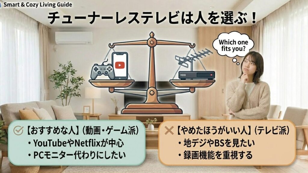 チューナーレステレビがおすすめな人とやめたほうがいい人