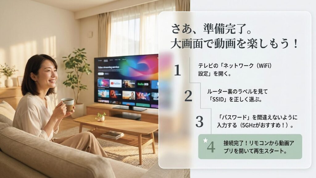 テレビのWiFi設定を開き、SSIDとパスワードを入力して動画再生をスタートする手順