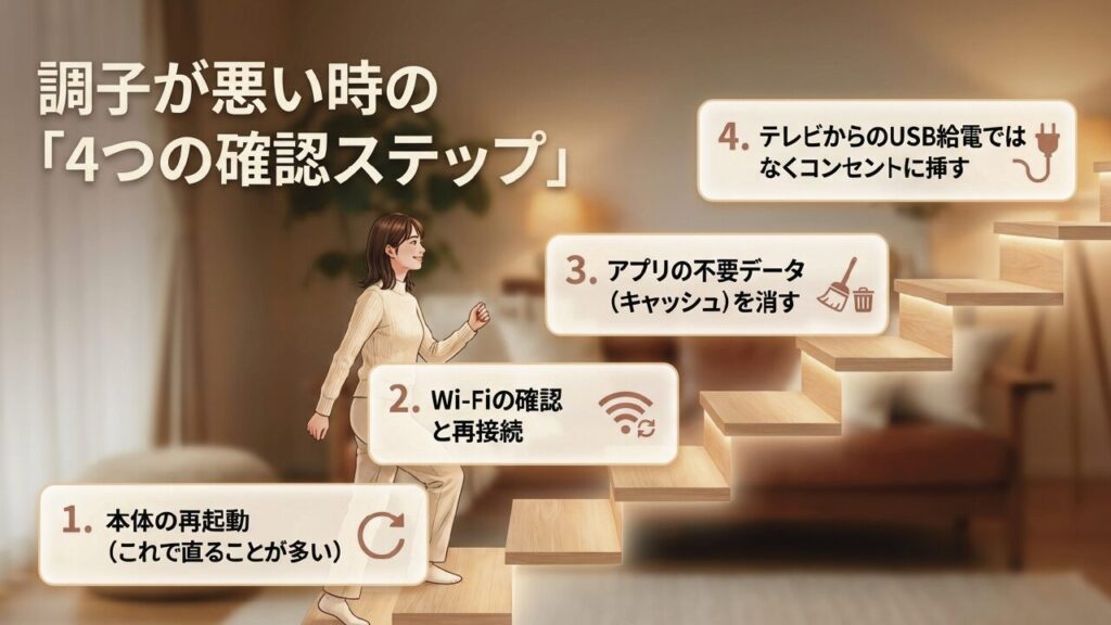 再起動やWi-Fi確認など、不具合時の4つの対処手順
