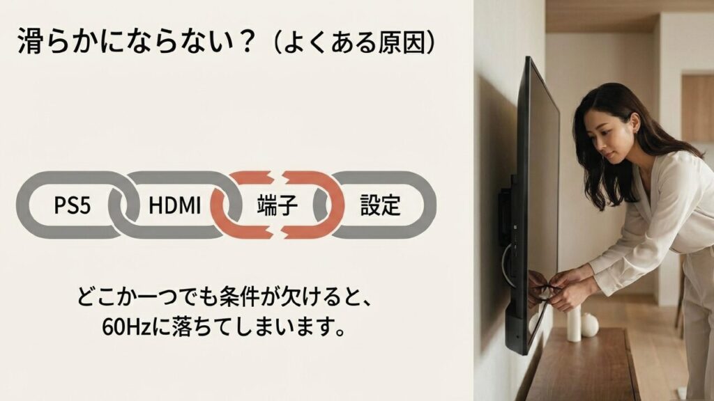 滑らかにならない？PS5・HDMI・端子・設定のどこか一つでも条件が欠けると60Hzに落ちてしまいます