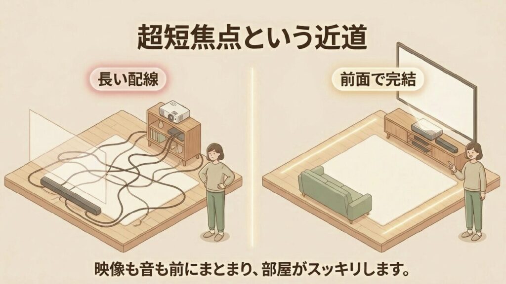 超短焦点プロジェクターなら長い配線をなくし前面で完結できる
