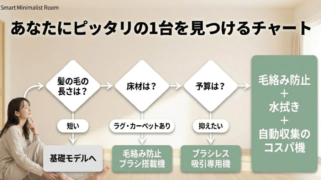 髪の毛の長さ、床材、予算から選ぶロボット掃除機診断チャート
