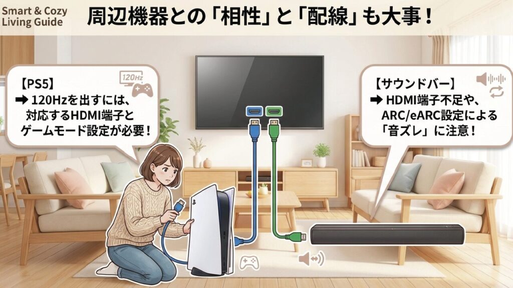 テレビとPS5やサウンドバーなど周辺機器との相性と配線の注意点