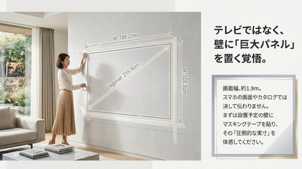 壁にマスキングテープを貼って85インチテレビの実寸（幅188.2cm、高さ105.8cm）をシミュレーションする様子