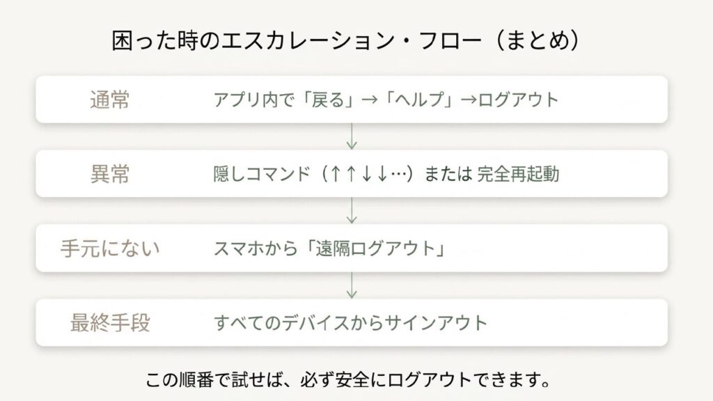 通常のログアウト操作から最終手段までのフローまとめ