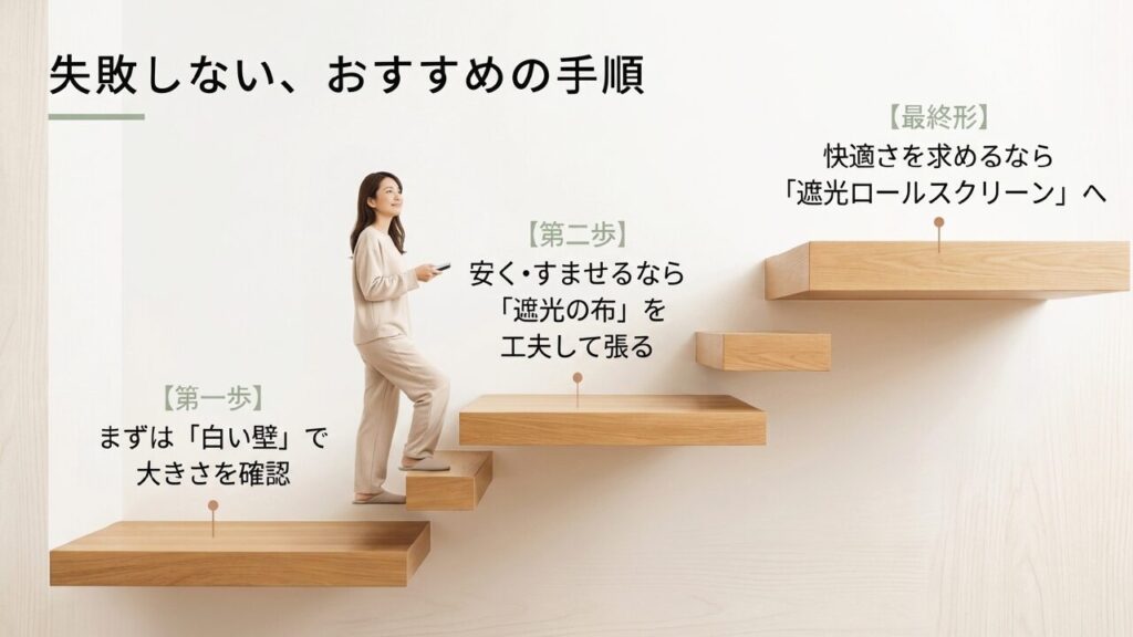 失敗しないおすすめの手順 白い壁から始まり、遮光布、遮光ロールスクリーンへと進むおすすめの手順