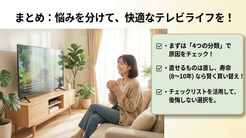 テレビの悩みを4つに分けて快適なテレビライフを送るためのまとめ