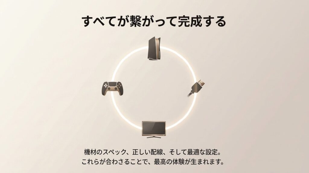 すべてが繋がって完成する：機材のスペック、正しい配線、最適な設定が合わさることで最高の体験が生まれます