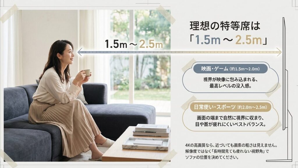 85インチテレビを快適に視聴するための距離（1.5m〜2.5m）のイメージ