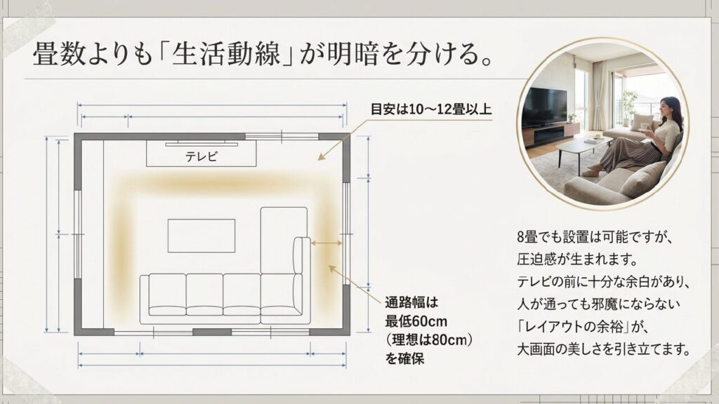 10〜12畳の部屋に85インチテレビを設置し、60〜80cmの通路幅を確保したレイアウト図