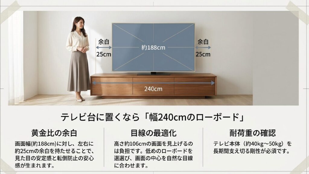 幅240cmのローボードに85インチテレビを設置した際の左右25cmの余白イメージ
