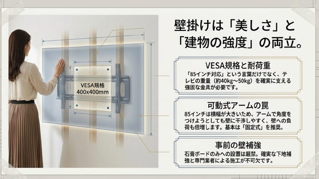 85インチテレビの壁掛けに必要なVESA規格（400x400mm）と固定式金具の推奨