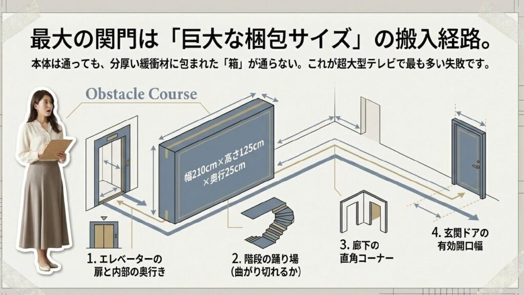 エレベーター、階段、廊下、玄関など、85インチテレビの巨大な梱包サイズが通るかの確認ポイント