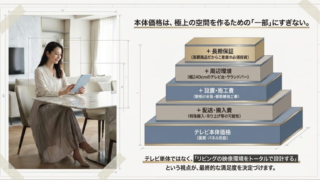 本体価格だけでなく、配送、設置、周辺環境、保証などを含めた85インチテレビの総費用ピラミッド