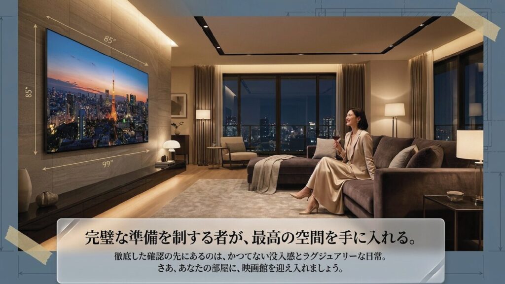 完璧な準備を経て完成した、85インチテレビによる映画館のような没入感のあるリビングルーム