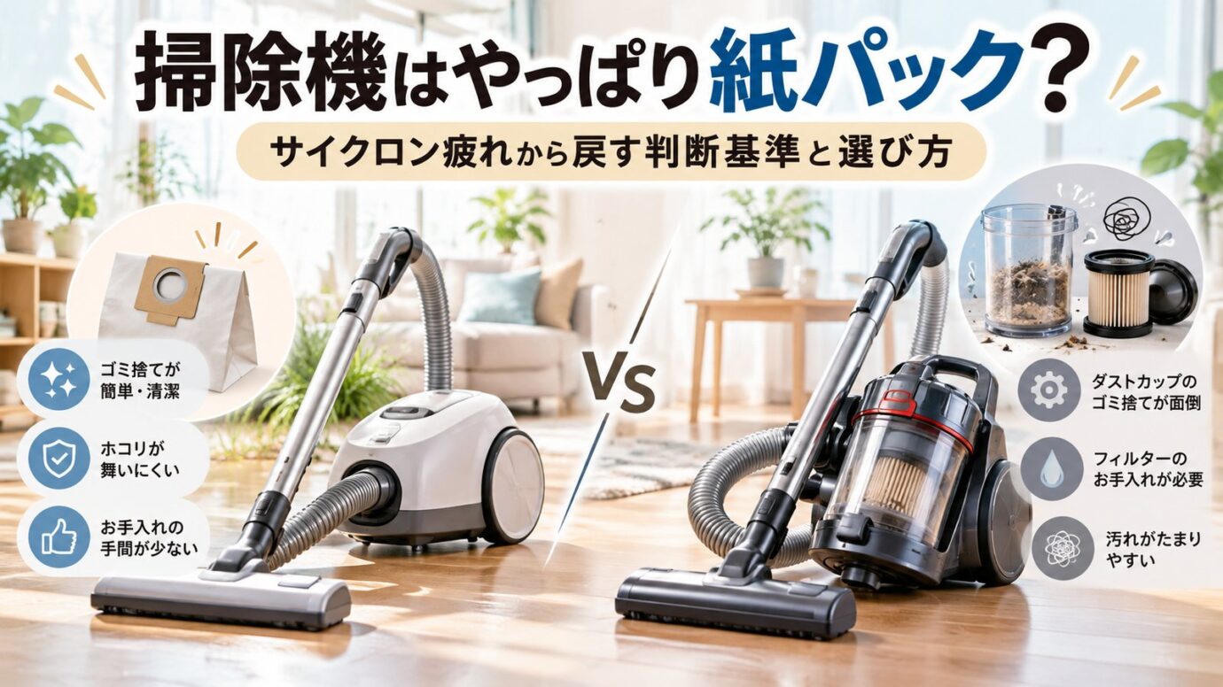 紙パック式とサイクロン式を比較し、掃除後の手入れやゴミ捨ての負担から選び方を整理した記事のアイキャッチ画像