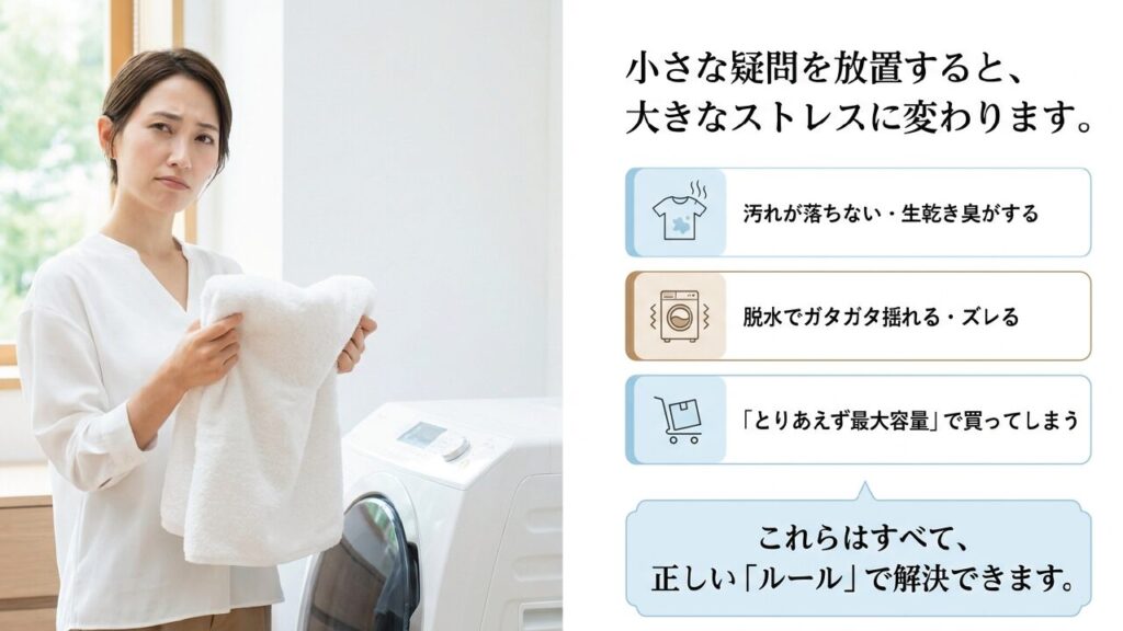 洗濯の小さな疑問が汚れ落ちや生乾き臭や洗濯機のズレにつながることを説明するスライド