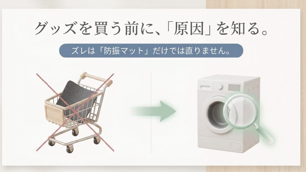 洗濯機のズレは防振マットだけでは直らないためグッズ購入前に原因確認が必要なことを示すスライド
