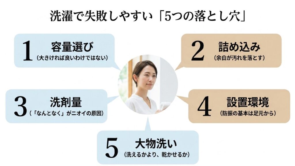 洗濯で失敗しやすい容量選び 詰め込み 洗剤量 設置環境 大物洗いの5つの落とし穴