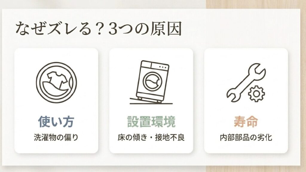 洗濯機がズレる原因を使い方、設置環境、寿命の3つに分けて整理したスライド