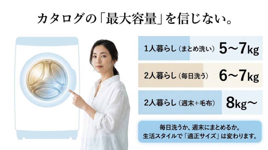 一人暮らしや二人暮らしなど生活スタイル別の洗濯機容量目安を説明するスライド