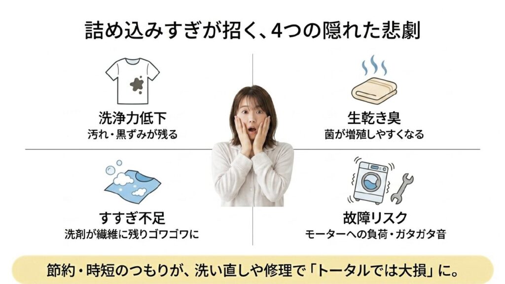 詰め込みすぎが招く4つの悲劇（洗浄力低下、生乾き臭、すすぎ不足、故障リスク）
