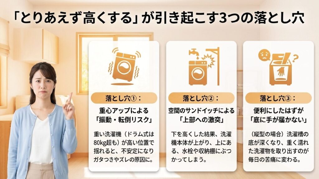 振動リスク、上部への激突、底に手が届かない3つの落とし穴