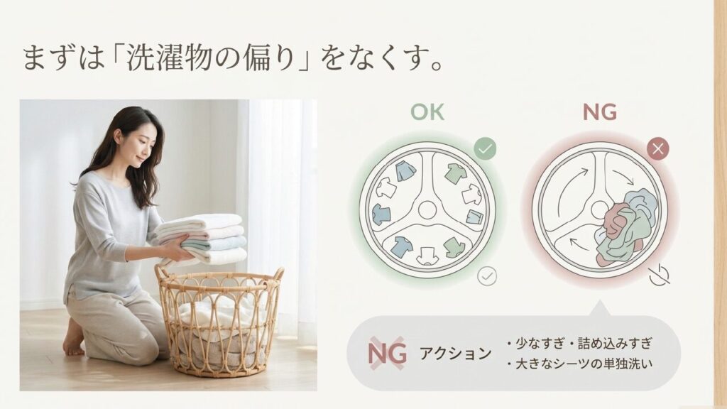 洗濯物の偏りをなくして洗濯機の振動やズレを防ぐためのOK例とNG例
