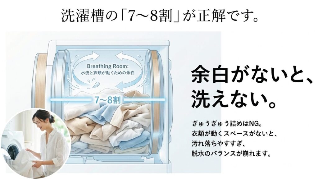 洗濯槽は7から8割までが目安で余白がないと洗えないことを説明するスライド