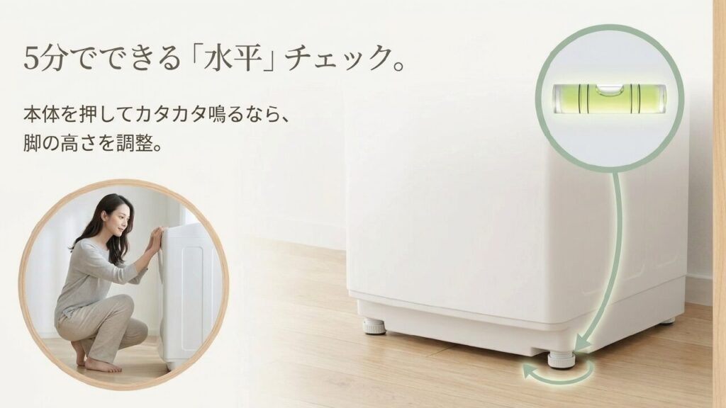 洗濯機の本体を押してカタカタ鳴る場合に脚の高さを調整して水平確認する方法