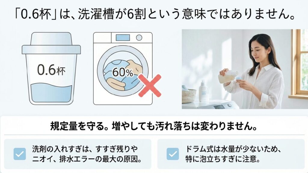 ドラム式洗濯機の0.6杯は洗濯槽が6割という意味ではなく洗剤量の目安であることを説明するスライド