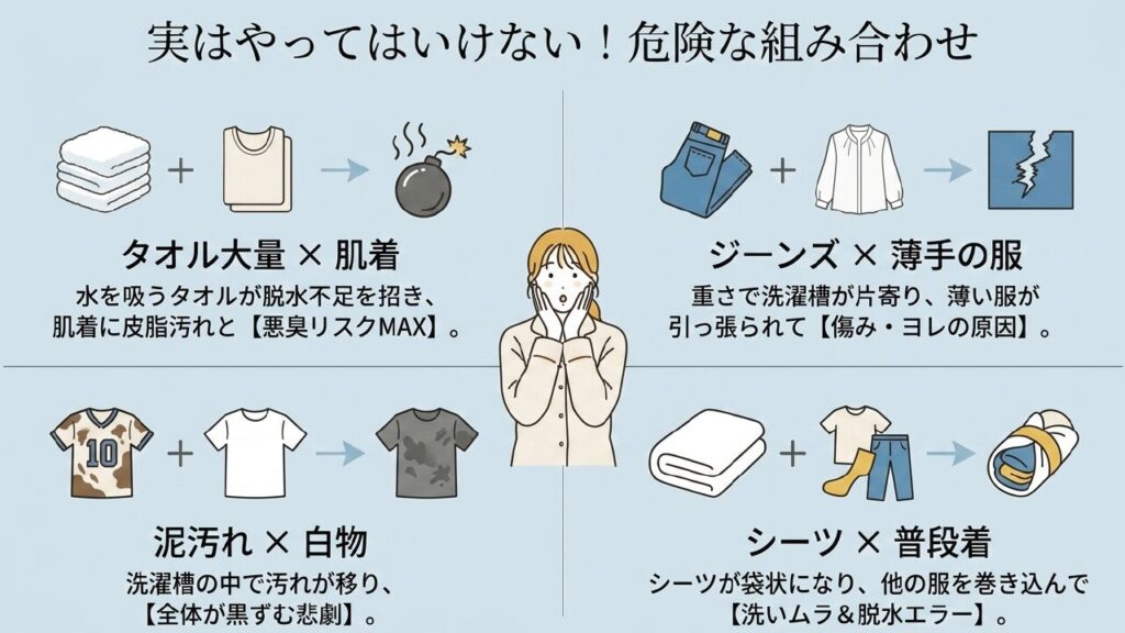 タオルと肌着、ジーンズと薄手など、洗濯機で一緒に洗うと危険な組み合わせ例