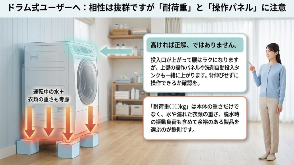 ドラム式は耐荷重と操作パネルの高さに注意