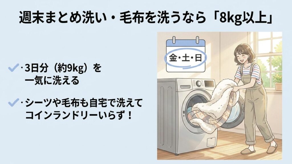 週末のまとめ洗いや毛布洗いには8kg以上がおすすめ