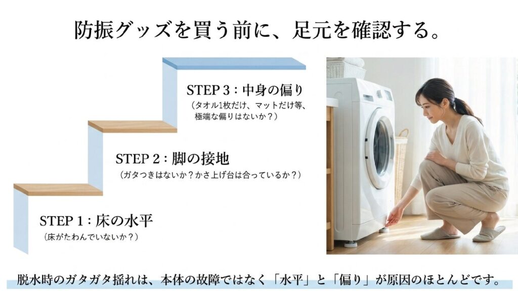洗濯機の防振グッズを買う前に床の水平 脚の接地 中身の偏りを確認する手順を説明するスライド