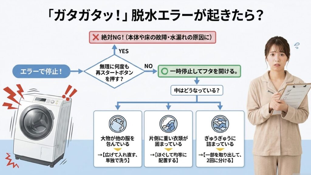 脱水エラーで停止した際のNG行動と正しい対処法（一時停止して中を確認）