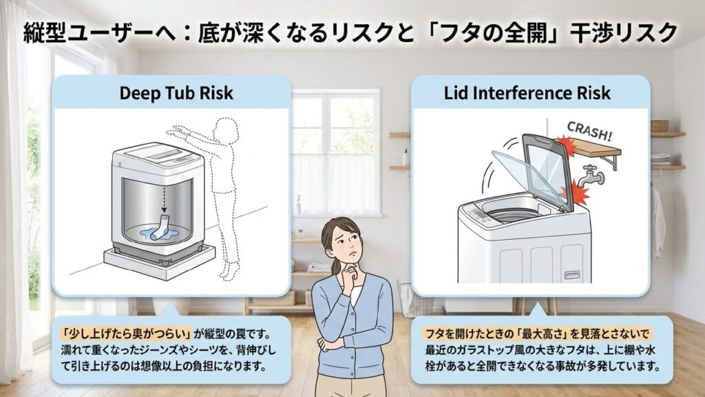 縦型は底が深くなるリスクとフタの干渉に注意