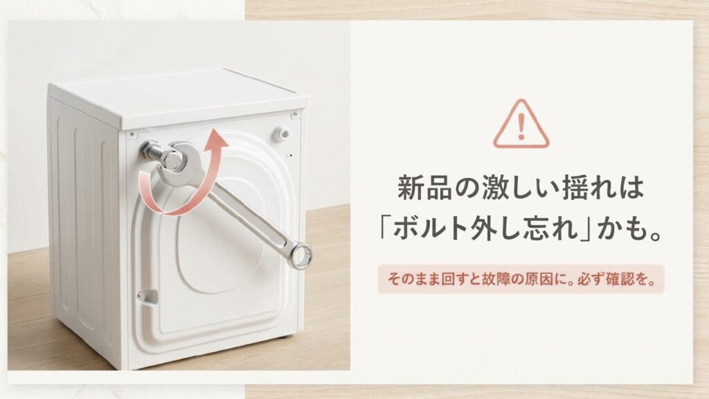 新品の洗濯機が激しく揺れる場合に輸送用ボルトの外し忘れを確認する注意喚起スライド