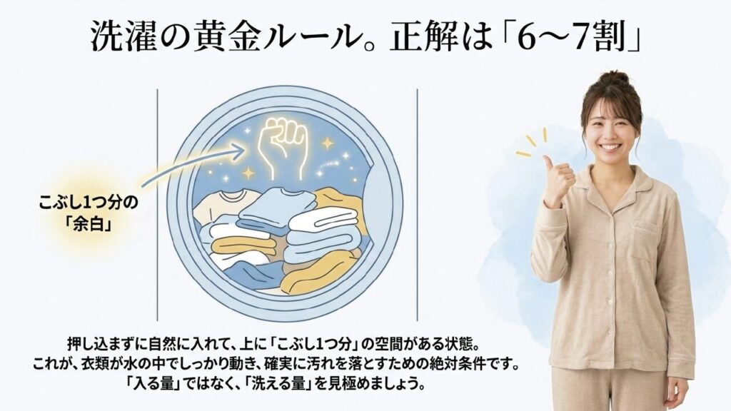 洗濯機の適正量は槽の6〜7割。こぶし1つ分の余白が目安