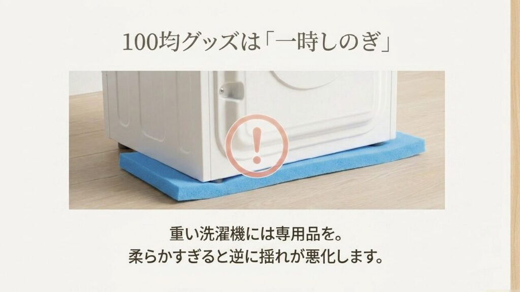 100均グッズは洗濯機のズレ防止では一時しのぎで重い洗濯機には専用品が必要なことを示す注意スライド