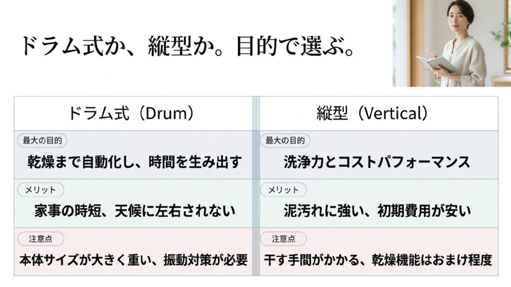 ドラム式洗濯機と縦型洗濯機の目的 メリット 注意点を比較したスライド