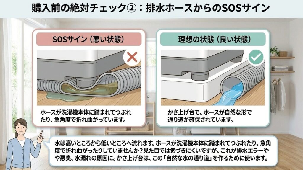 購入前チェック:排水ホース 排水ホースがつぶれたり折れ曲がったりしていないか確認