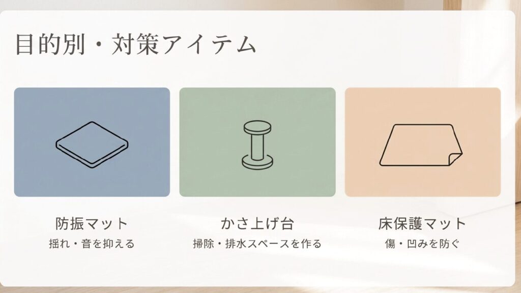 洗濯機のズレ防止に使う防振マット、かさ上げ台、床保護マットの役割を比較したスライド
