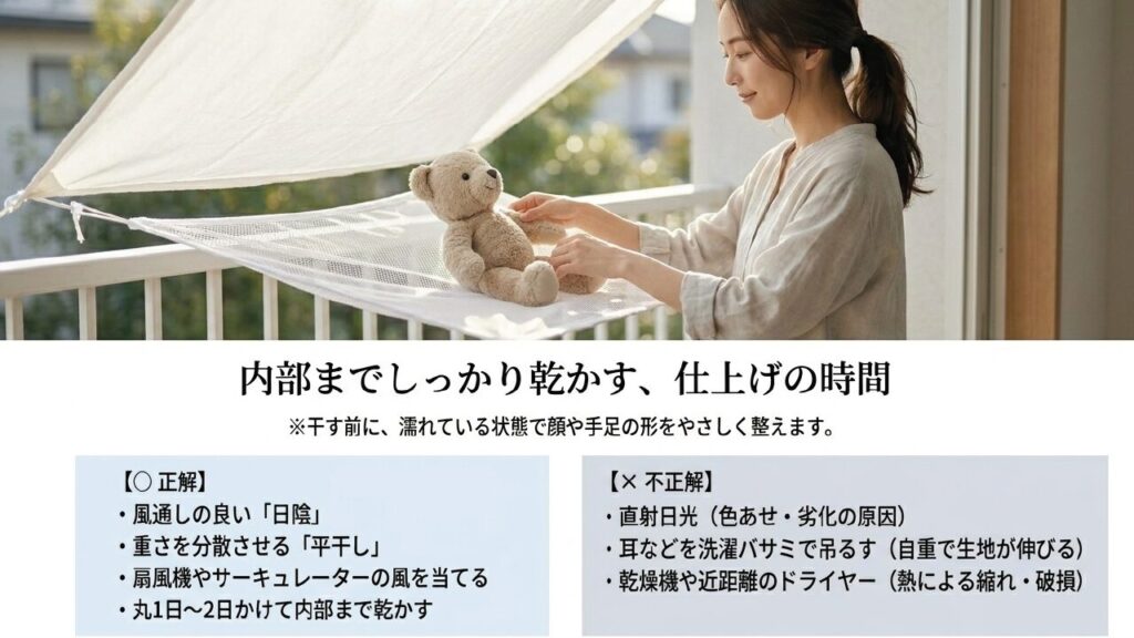 内部までしっかり乾かす日陰干しと平干しの仕上げ