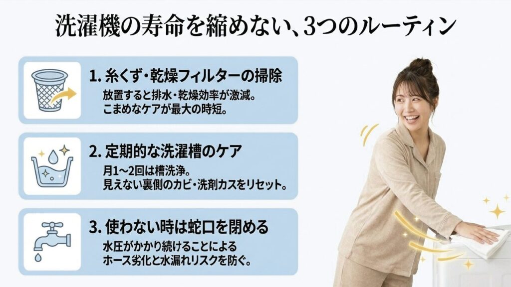 フィルター掃除、定期的な槽洗浄、使わない時は蛇口を閉めるという3つの手入れ