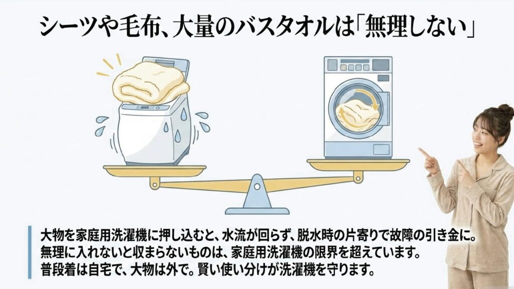 大物を家庭用洗濯機に無理に押し込むと故障の原因に。普段着と大物を使い分ける