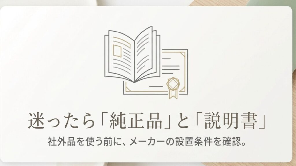洗濯機のズレ防止グッズ選びで迷ったら純正品と説明書を確認する重要性を示すスライド