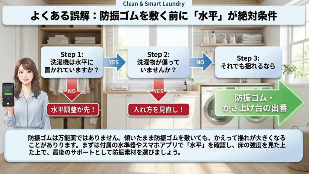 よくある誤解:水平調整 防振ゴムを敷く前に洗濯機の水平が絶対条件
