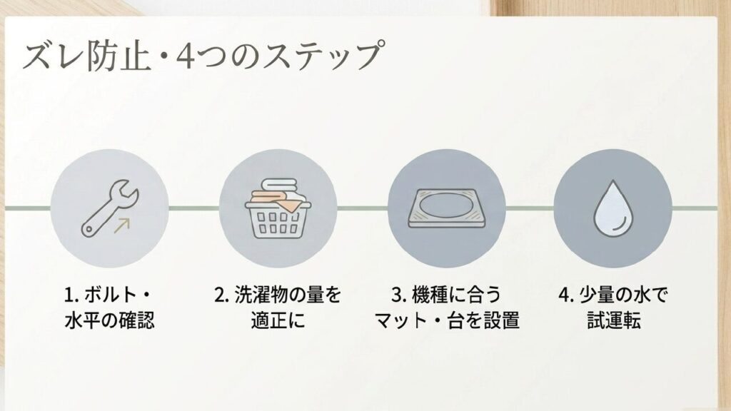 洗濯機のズレ防止をボルト確認、洗濯物量、機種に合うマット設置、少量の水で試運転の4ステップで整理したスライド